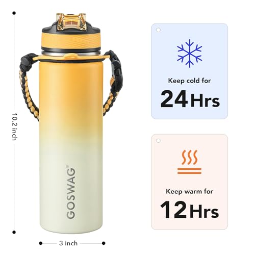 GOSWAG 24oz Insulated Stainless Steel Travel Water Bottle, 2 Lids | with straw and no straw, Paracord handle, Double-wall vacuum keeps drinks cold or hot, Leakproof tumbler - color: Ginger Yellow-Beige Ombré