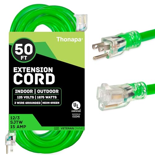 Thonapa 12 Gauge Extension Cord 50 Ft Outdoor - 12/3 Heavy Duty, 3 Prong | SJTW Neon Green Cable, Lighted End, Grounded Plug, For Job Sites, Garden & Major Appliances - color: Neon Green, size: 50 Foot
