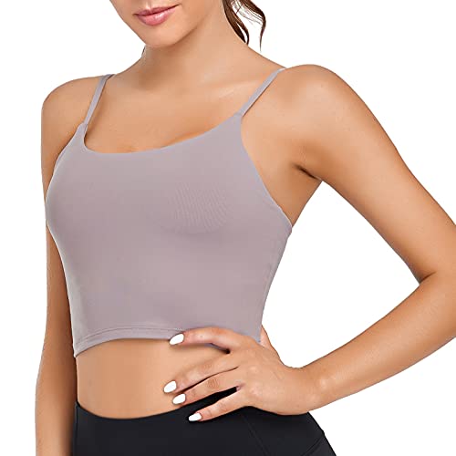 Lemedy Women Padded Sports Bra Yoga Tank Top | Light Support, Longline, Fitness Workout Running Shirts, Removable Pads, Spaghetti Straps, for Women - color: Lavender Grey, size: Large