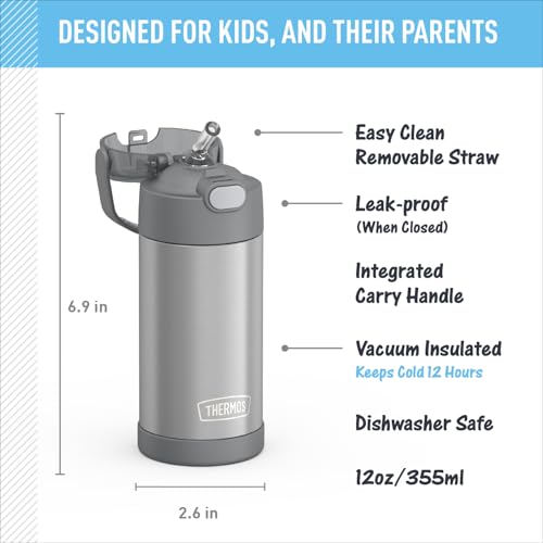 THERMOS FUNTAINER Water Bottle with Straw - 12 Ounce - Kids Stainless Steel Vacuum Insulated Water Bottle with Lid, Grey (Pack of 6) - color: Gray, size: 12 Ounces (Pack of 6)
