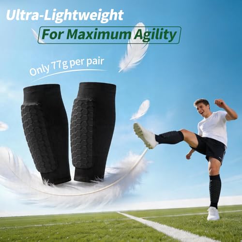 Soccer Shin Guards for Youth Adult, Shin Defender Calf Compression Sleeve with Honeycomb Pads, Lightweight Protective Shin Pads for Football, Ski, Basketball, Boxing, Includes Mesh Carry Bag