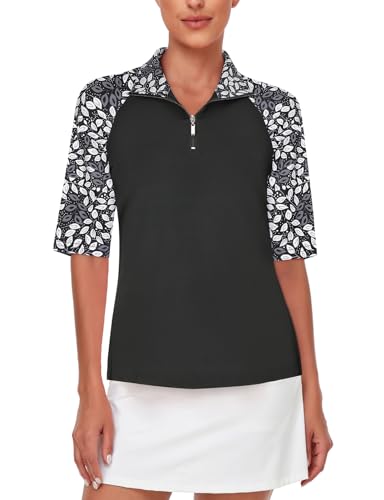Cucuchy Womens Golf Shirt Half Sleeve Quarter Zip Polo Tennis Shirts Workout Tops - color: B-leaf Black White, size: XX-Large