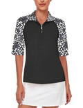 Cucuchy Womens Golf Shirt Half Sleeve Quarter Zip Polo Tennis Shirts Workout Tops - color: B-leaf Black White, size: Large