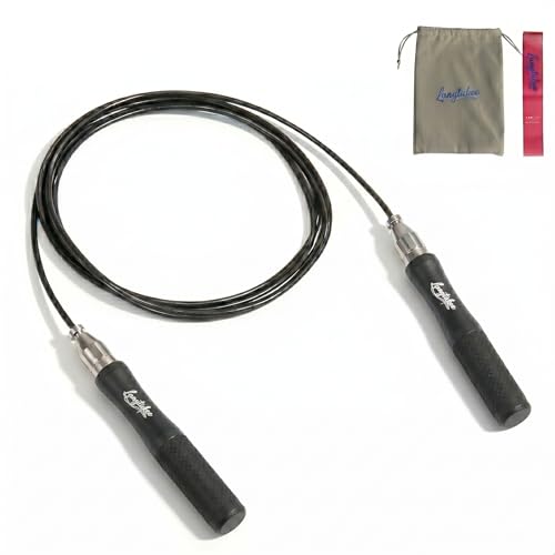 LANGETUKEE Speed Jump Rope - Professional Aluminum Alloy Skipping Rope with 360° Bearings - Adjustable 4mm Steel Cable for Double Unders, Boxing, MMA, HIIT & Cardio Training - Anti-Slip Grip - color: Black4