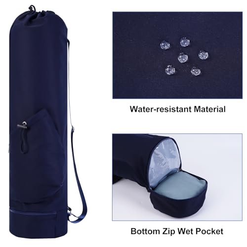 sportsnew Yoga Mat Bag with Water Bottle Pocket & Wet Pocket for Women | Yoga mat carrier fits 1/8"-3/8" yoga mats, quick-access multi-pocket organization, lightweight for gym, Pilates & studio - color: Navy Blue, size: Medium