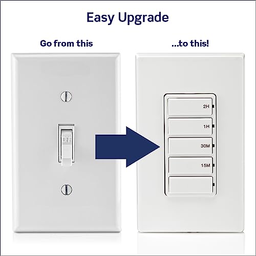 Leviton Countdown Timer Switch for household lights and exhaust fans, 15-30 min, 1-2 hour, No Neutral Wire Required, Single Pole, 15A, 1/2HP/9.8A Fan/Motor, DT102-1LW, White - style: 1-2 hour, No Neutral Required