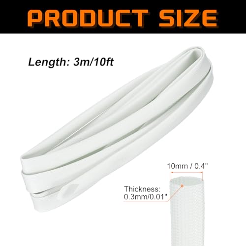 MECCANIXITY 10ft Braided Cable Sleeve, 0.4" ID 200C Heat Resistant 1500V Fiberglass Wire Insulation Cord Protector Organizer Wires Management for Motor Engine Fuel Line, White - color: White, size: 10ft-10mm