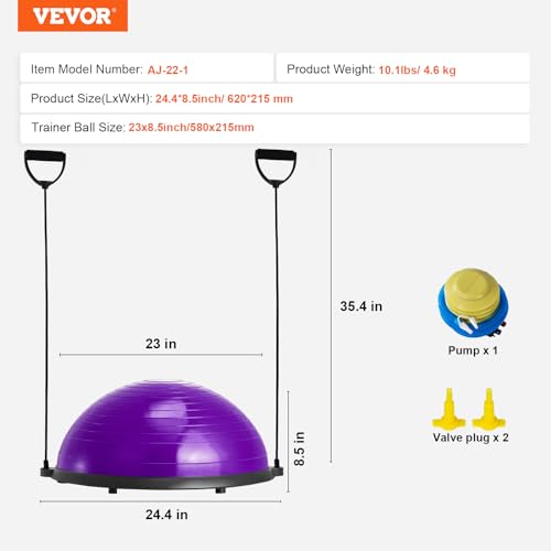 VEVOR Half Exercise Ball Trainer, 23/26 inch Balance Ball Trainer, 1500lbs Capacity Stability Ball, Yoga Ball with Resistance Bands & Foot Pump, Strength Fitness Ball for Home Gym Full Body Workout - color: 23" Ripple Purple