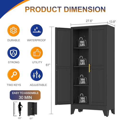 Metal Storage Cabinet with 2 Doors and 3 Adjustable Shelves - 61" Steel File Cabinet,Tool Cabinets for Office,Home,Garage,Gym,School,Bathroom,Kitchen(Black) - color: Black, size: 61H