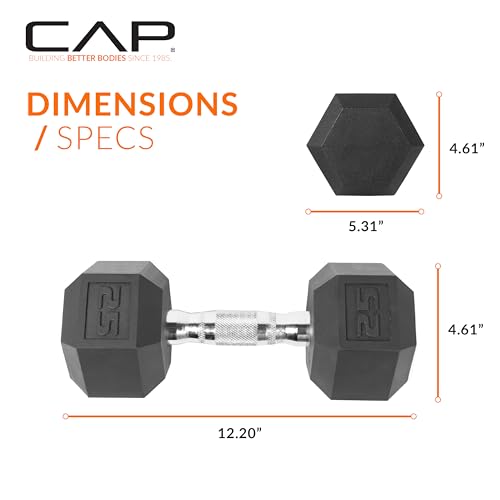 CAP Rubber Coated Dumbbell Weights, Free Weights for Home Gym Strength Training, Anti-Roll Hex Dumbbells with Black, Chrome & Comfort Grip Handles, Singles - size: 25 lb, style: Chrome Handle