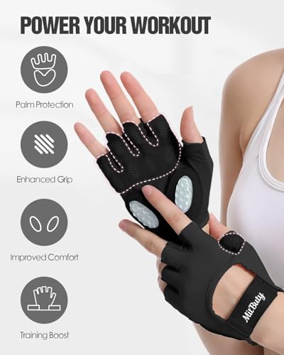Workout Gloves for Men & Women – Fingerless Gym Gloves for Weight Lifting, Crossfit, Fitness, Exercise & Training with Silicone Grip Dots for Secure Hold & Palm Padding Protection - color: Black, size: Medium: 7.1–7.7"