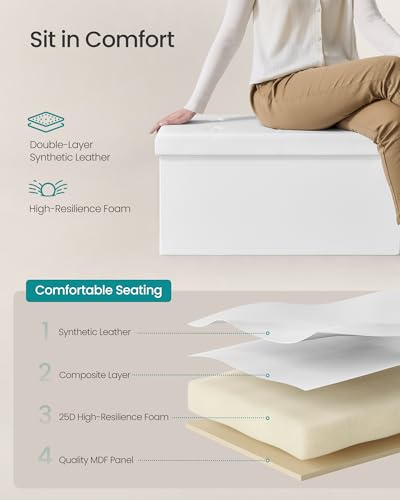SONGMICS MAZIE Collection - 43 Inches Folding Storage Ottoman Bench, Ottoman with Storage, Foot Rest Stool, Load 660 lb, for Living Room, Synthetic Leather, White ULSF702 - color: White, size: 15"D x 43"W x 15"H