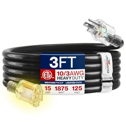 3ft Outdoor/Indoor Extension Cord 10/3 Gauge Ultra Heavy Duty 3 Prong SJTW, Waterproof, ETL Listed, Flexible Cold-Resistant Long Power Cord,125 Amp 1875W, Black by LifeSupplyUSA - color: Black, size: 3 FT, style: 10 Gauge (ULTRA HEAVY DUTY)