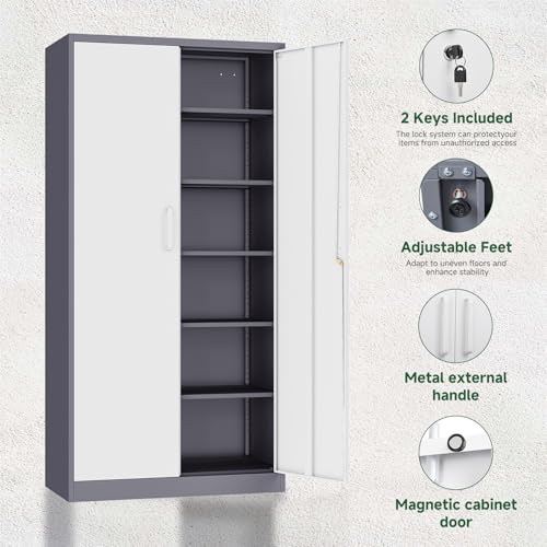 Letaya Metal Storage Cabinet with Lock Door and 5 Shelves,6 Tier Steel Garage Tool Cabinet for Home Office Utility Room 72" H X 36" W X18 D (White Gray) - color: Grey White, size: 72 X 36 X 18 In(H X W X D)