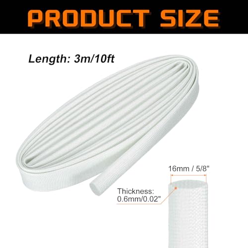 MECCANIXITY 10ft Braided Cable Sleeve, 5/8" ID 200C Heat Resistant 1500V Fiberglass Wire Insulation Cord Protector Organizer Wires Management for Motor Engine Fuel Line, White - color: White, size: 10ft-16mm