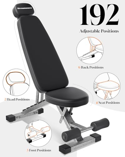 Fitness Bench, Adjustable, Comfortable, Fashionable, Foldable and Extended Headrest with 192 Positions Incline Decline 900LBS Home Gym Bench for Strength Training - color: Black