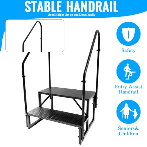 RV Step Stool, 2 Step Ladder, Hot Tub Steps with 2 Handrails, Heavy Duty Ladder Shelf Bookcase, 5th Wheel RV Mobile Home Stairs for Camper/Porch/SPA Pool/Pet Stairs(1 Pack) - style: 2 Step 2 Handrails