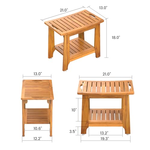 21" Standard Teak Shower Bench with Shelf & Handle - Waterproof, Non-Slip Bath Stool, 300 lbs Capacity - Fits Standard Tubs/Showers & Outdoor Use (Patented) - size: 21"W x 13" Dx 18"H