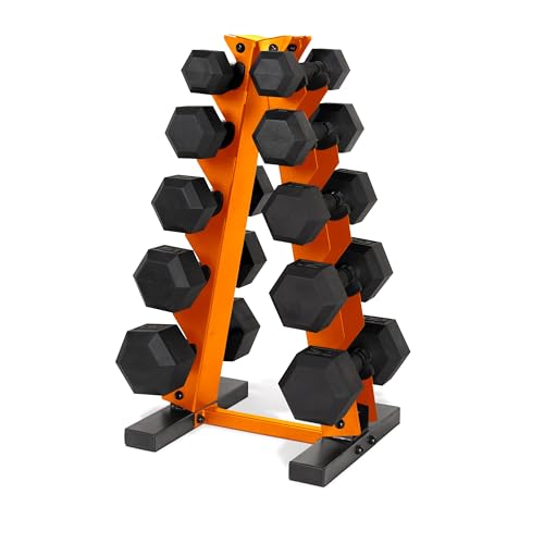 CAP Barbell 150 LB Coated Hex Dumbbell Weight Set with Vertical Rack | Multiple Options - color: Orange Rack, style: Black Handle