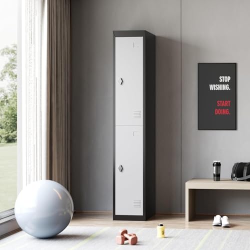 72" Tall 2 Door Metal Locker with Key, Heavy Duty Steel Storage Cabinet with Shelves, Lockable Employee Locker for School, Office, Gym, Home, Garage, Grey & Black - size: 2 Door