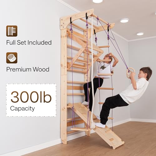 WEDANTA Wooden Swedish Ladder Wall Set – Kids Stall Bars for Exercise – Kids Swedish Gymnastic Wall Gym – Wood Stall Bar Gymnastics Playground – Best Gym for All Family - color: Wood