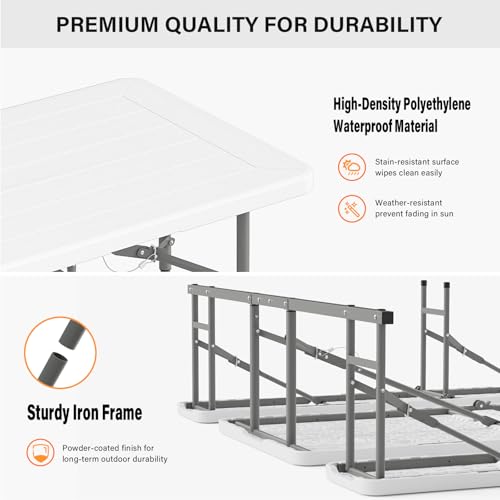 VINGLI Folding Picnic Table and Bench Set, Portable Outdoor Dining Furniture for Camping, Patio, Backyard, Wood Grain Plastic Top with Metal Frame (White) - color: White, style: Standard