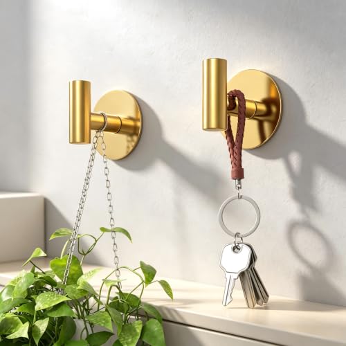Gold Stainless Steel Wall Hooks, Heavy Duty Self-Adhesive Hooks for Coats, Towels, Robes, Hats, Aprons – No Drill Bathroom, Kitchen, Hotel (2 Pack) - color: Gold, size: Adhesive "T" Shape- 2 Pack
