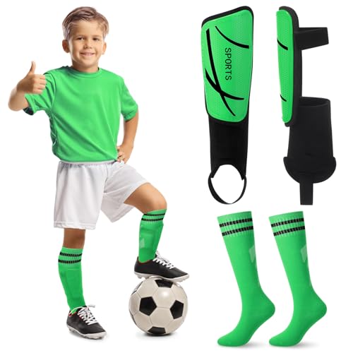Soccer Shin Guards and Socks Kids Youth Lightweight Soccers Pads Defender with Ankle Protection Ski Shin Guards Football Equipment for Age 4-14 Toddler Boy Girl - color: Green, size: Small