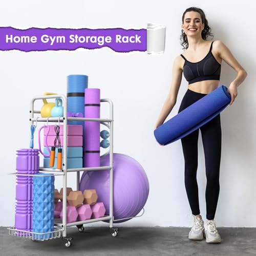 Home Gym Storage Rack Exercise Equipment Storage Organizer for Yoga Mat Dumbbells Kettlebells Foam Roller Yoga Strap & Resistance Bands, Ideal Yoga Mat Holder & Workout Equipment Organizer (White, Small) - color: White