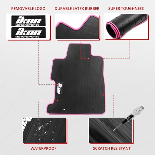 Fit 2006-2011 Honda Civic Coupe & Sedan Floor Mat Black w/Pink Edge | IKON MOTORSPORTS, All Weather Easy Clean Interior Car Carpets Full Set 3 Pieces - color: Black W/ Pink Edge