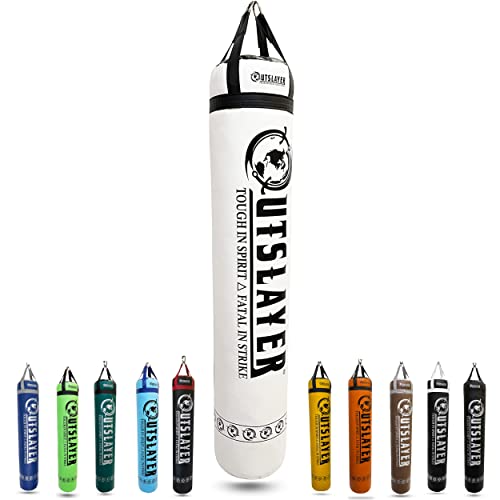Outslayer Muay Thai Kickboxing Heavy Punching Bag – 6ft 130 lb – Made in USA – for MMA, Boxing & Training - color: White/Black, size: With Bottom D-Ring