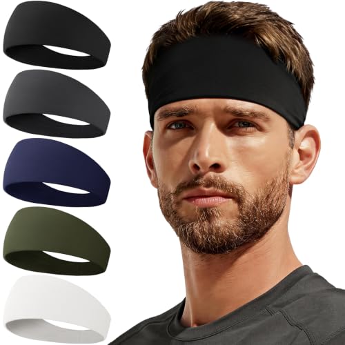 Sweat Band, 5 Pack Headband Moisture Wicking for Running Sports | Workout Sweatband, Unisex Fit, Non-Slip, Skin-Friendly, Multi-Use, Perfect for Exercise, Lightweight - color: Black+Green+White+Dark Blue+Dark Gray