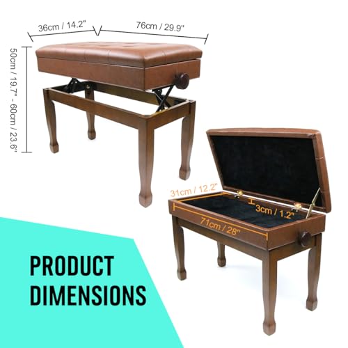Adjustable Height Piano Bench with Storage, Solid Wood Duet Keyboard Stool, Waterproof Padded Seat Cushion, Multi-Use Bench for Piano, Vanity, Living Room, Bedroom XJ750-4(Wood) - color: Wood