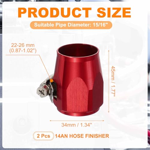 HARFINGTON 2pcs 14AN Hose Finisher Clamp Aluminium Hex Car Hose Finisher Flexible Pipe Clamps with Screw Band for Fuel Gas Oil Air Water Tube, Red - color: Red, size: 14AN
