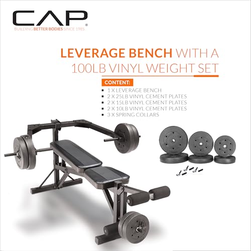 Cap Leverage Weight Bench with 100 LB Vinyl Weight Set, Adjustable Strength Training Bench with Leg Developer, Multi-Position Home Gym Bench Press with Vinyl Cement Plates & Spring Collars