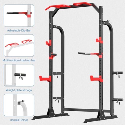 SunHome Power Cage Squat Rack, Power Rack with Pulley System, Adjustable Cable Crossover System, J-Hooks, Dip Handles, Weight Plate Storage - color: Half Power Cage