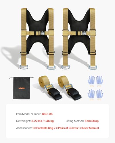 VEVOR Moving Straps, Supports up to 1000 lbs, 2-Person Lifting and Moving System with 2 Harness & 2 Load-Bearing Straps, Adjustable Lifting for Furniture Appliances Mattresses