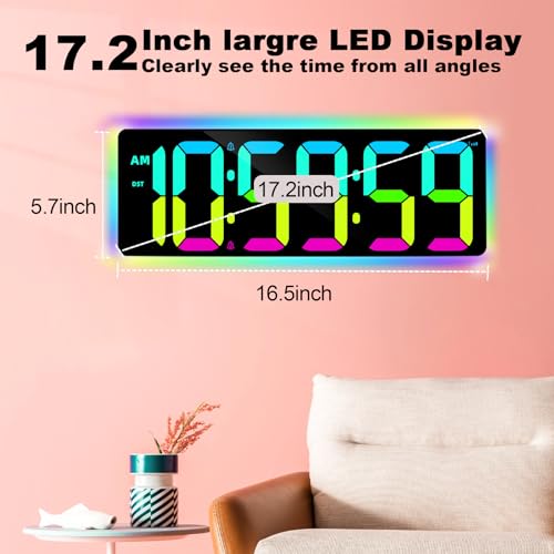 TXL 17.2" WiFi Digital Wall Clock with Seconds, Large Countdown Timer for Classroom Home Gym Office, Alarm Clock with Remote Control, RGB Ambient Lights, 4 Dimmable Brightness, Auto DST(RGB) - color: Rgb