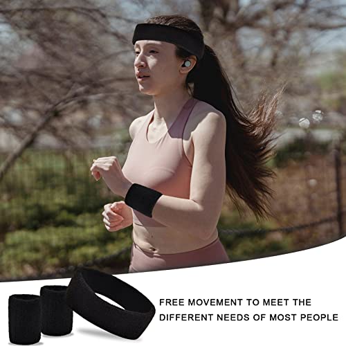 BLMHTWO 3 Pieces of Sweat Band Set, Headbands for Men Kids Sweatbands Including 1 Headband and 2 Wristbands Black Cotton Super Soft and Comfy Sweatband for Tennis Working Out Boxing Gym - color: black