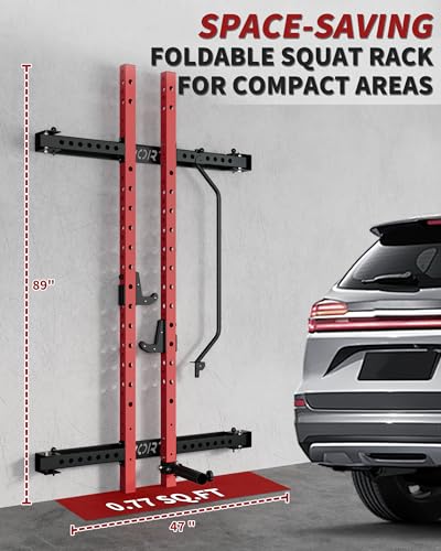 Folding Wall Mounted Squat Rack, 1000 Pounds Capacity Power Rack with Pull Up Bar, J Hooks and Other Attachments, Space Saving Multi-Functional Power Cage for Home Gym
