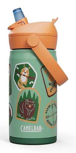 CamelBak Thrive Flip Straw Kids Bite Valve Stainless Steel Water Bottle Camp Badges, 12oz - color: Camp Badges