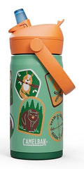 CamelBak Thrive Flip Straw Kids Bite Valve Stainless Steel Water Bottle Camp Badges, 12oz - color: Camp Badges