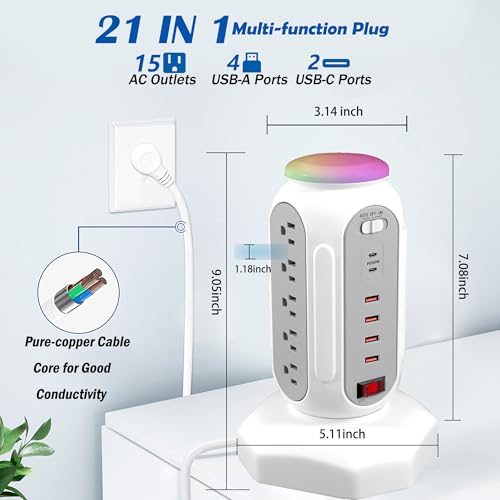 Power Strip Tower 15 Outlets 6 USB Ports, Surge Protector with Colorful Led-Light & PD 30W USB-C Fast Charger, Desktop Charging Station with 6.5ft Heavy Duty (White) - style: PD-30W-WHITE