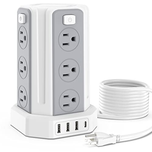 Power Strip 10 Ft Extension Cord with 12 AC Multiple Outlets 4 USB (1 USB C), SMALLRT Power Strip Tower Desktop Charging Station for Home Office College Dorm Essentials - color: White, size: 10 ft PD20W