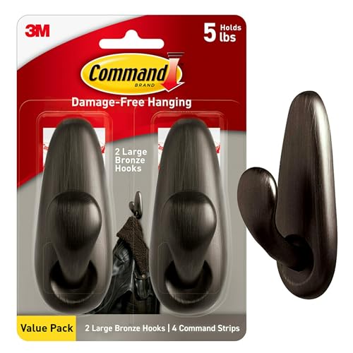 Command 5 lb Large Oil Rubbed Bronze Metal Hooks, 2 Coat Hooks and 4 Strips, Damage-Free Hanging with Adhesive, Forever Classic Great for Hanging Back to School Dorm Organizers - size: Large
