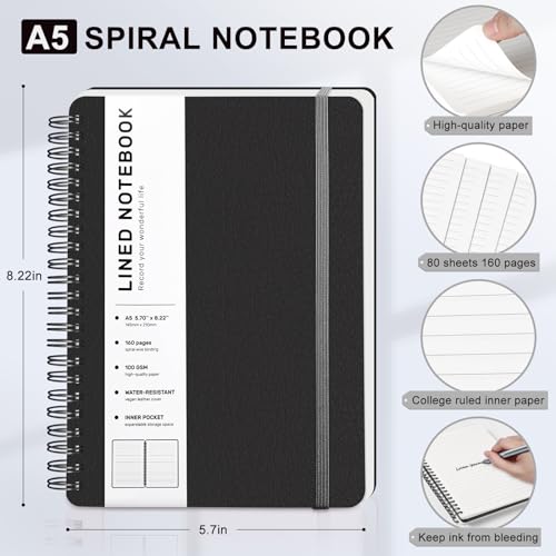 ABERLLS Lined Spiral Journal Notebook with 160 Pages, 8×5.7in, A5 Spiral Notebook, Journaling Notebooks for Work, School, Women, Men, College Ruled Spiral Notebook, Hardcover Leather Journals, Black - color: Black, size: A5