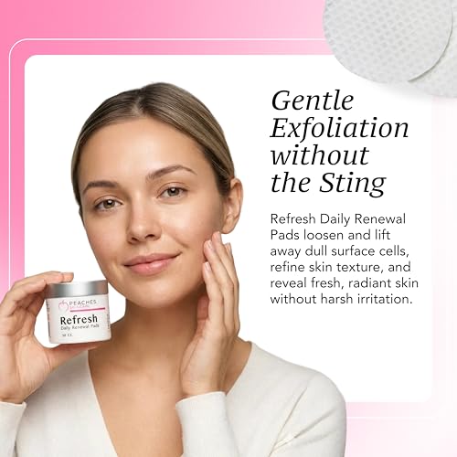 Peaches Skin Care Refresh Renewal Pads - Gentle Exfoliating Pads, 50 Count | Daily exfoliating pads for face and neck with willow bark, hyaluronic acid, niacinamide and AHA fruit blend