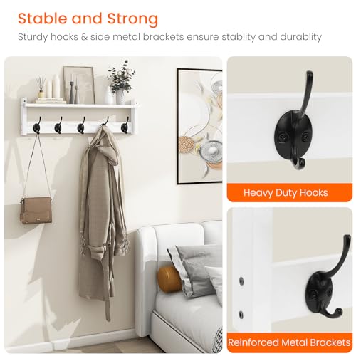 Homode Coat Rack with Shelf Wall Mount, 24 Inch Long Wall Shelf with Hooks Underneath, Wood Hanging Coat Hanger with Hat Shelves for Entryway, Bathroom, Mudroom, White - color: White, size: 24 Inch Long
