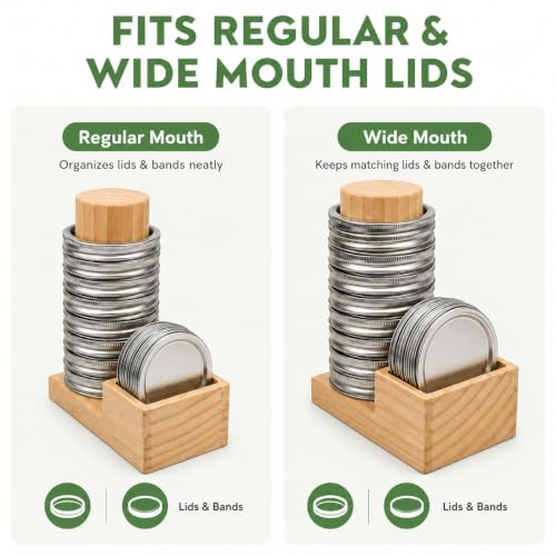 Mason Jar Lid Organizer, 2 Pack Wood Holder for Regular & Wide Mouth | Solid Pine Wood, 2-Pack Set, Regular & Wide Mouth, Holds 26 Rings & 44 Lids, Space-Saving Storage