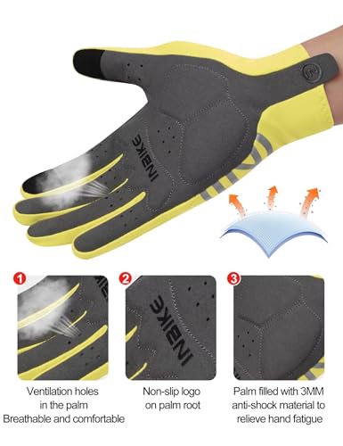 INBIKE Breathable Bike Gloves for Men Women, Full Finger Pad Cycling Gloves, Touchscreen Reflective Mountain Biking Bicycle - color: Yellow, size: X-Large (Hand Circumference 8-8.5inch)